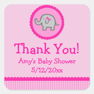 Sticker Carré Eléphant rose Personnalisé Baby shower Favoriser T