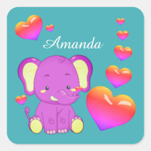 Sticker Carré Elephant Turquoise rose pourpre Coeurs fille