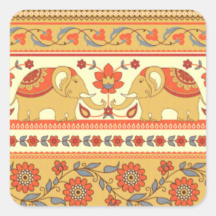 Sticker Carré éléphants ethniques, fleurs, motif sans soudure.