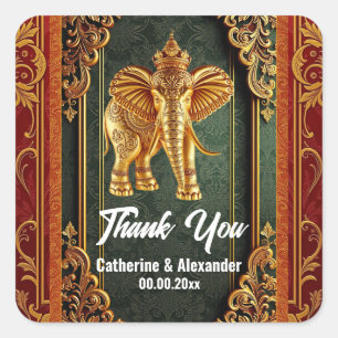 Sticker Carré éléphants indiens bordeaux vert or floral asiatiqu