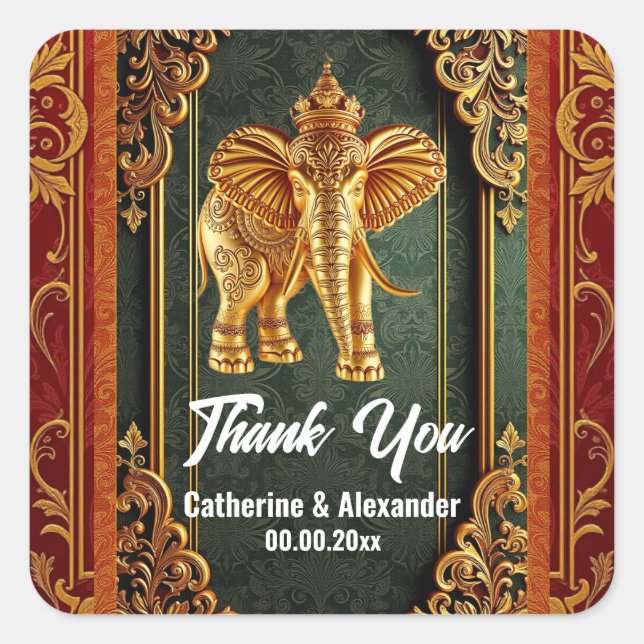 Sticker Carré éléphants indiens bordeaux vert or floral asiatiqu (Devant)