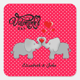 Sticker Carré Éléphants Romantiques & Cœurs Rouges Sur Points Po