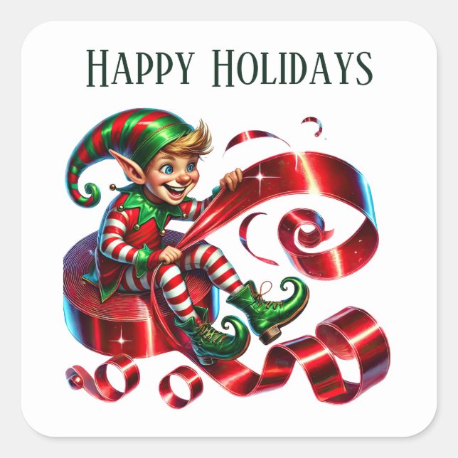 Sticker Carré elf de Noël ajouter le message Joyeuses fêtes (Devant)