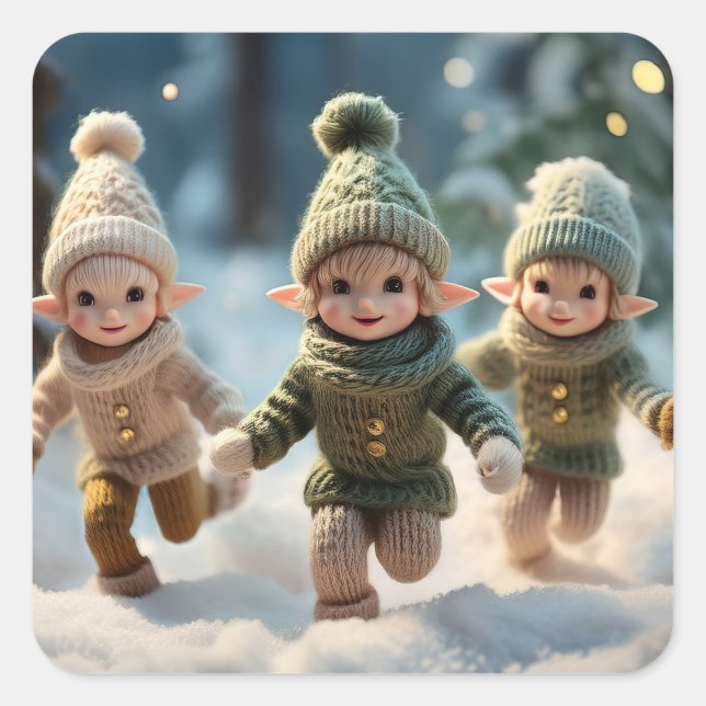 Sticker Carré Elf Kids Running in the Snow (Devant)