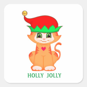 Sticker Carré Elfe de chat mignon de Noël