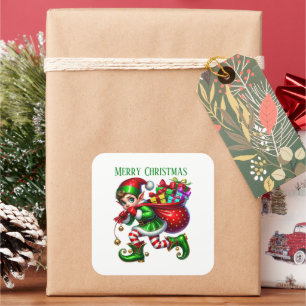 Sticker Carré elfe de Noël ajouter le message Joyeux Noël