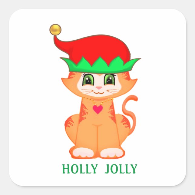 Sticker Carré Elfe de Noël chaton mignon (Devant)