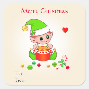 Sticker Carré Elfe de Noël mignon sur fond beige pour cadeaux et