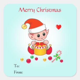 Sticker Carré Elfe Mignon de Noël pour Cadeaux & Faveurs