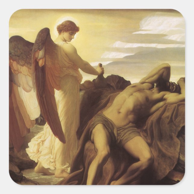 Sticker Carré Elijah en nature par Lord Frederic Leighton (Devant)