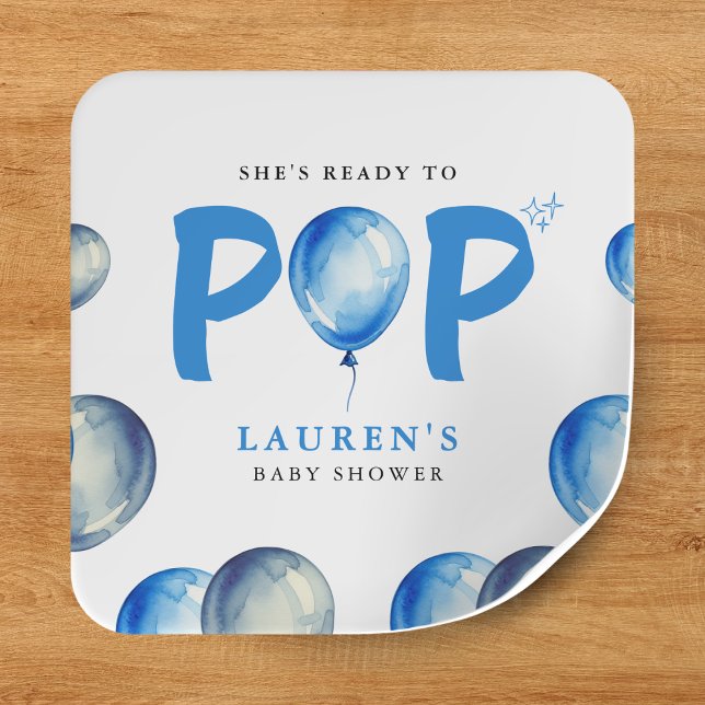 Sticker Carré Elle est prête à faire des ballons Baby shower de  (She's Ready To Pop Balloons Blue Boy Baby Shower Square Sticker
)