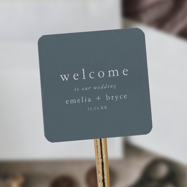 Sticker Carré EMELIA Sac de bienvenue pour Mariage de marine min (EMELIA Rustic Minimal Navy Wedding Welcome Bag Square Sticker)