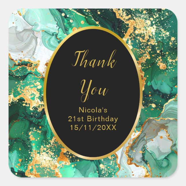 Sticker Carré Emerald Green and Gold Marble Agate Birthday Party (Devant)