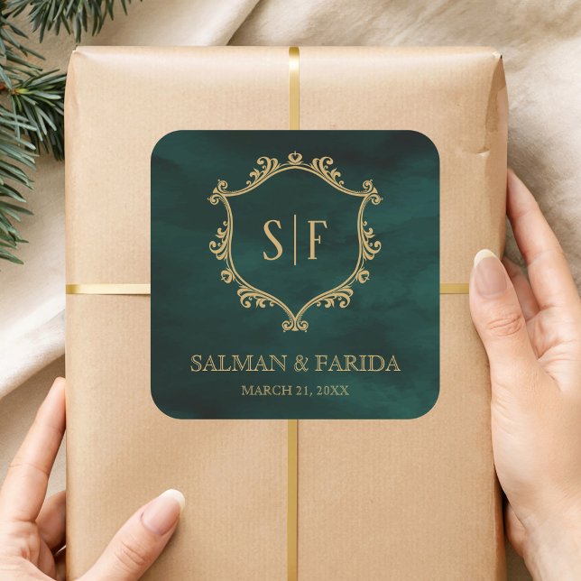 Sticker Carré Emerald Green Gold Crest Monogramme Mariage Faveur (Créateur téléchargé)