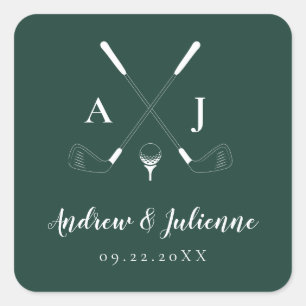 Sticker Carré Emerald Green Moderne Monogram Mariage de golf