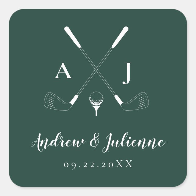 Sticker Carré Emerald Green Moderne Monogram Mariage de golf (Devant)