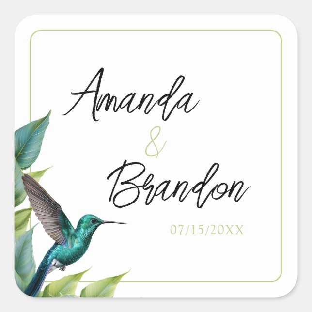 Sticker Carré Emerald Hummingbird Tropical Feuille Mariage (Devant)