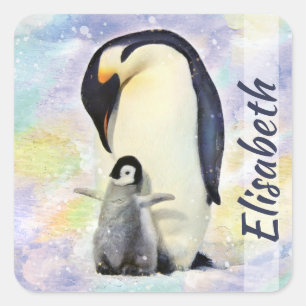 Sticker Carré Empereur Penguin avec l'aquarelle de bébé poussin