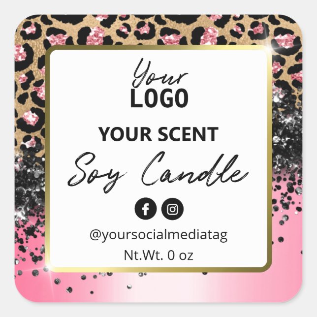 Sticker Carré Empreinte de léopard rose noir luxueux Soy Candle  (Devant)