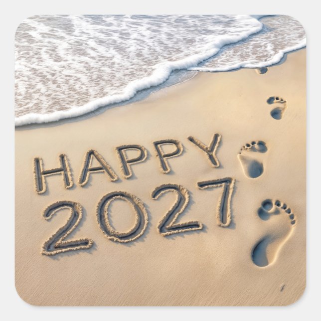 Sticker Carré Empreintes de plage Nouvel An 2027 (Devant)