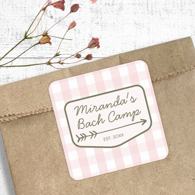 Sticker Carré en vichy Camp d'été Bachelorette Camping (Gingham Summer Camp Bachelorette Camping Square Sticker)