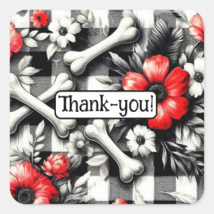 Sticker Carré en vichy Plaid Black White Red Floral Merci