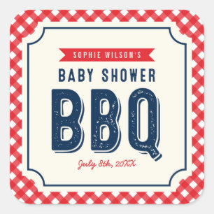 Sticker Carré En vichy rouge et Baby shower BBQ bleu