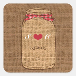 Sticker Carré En vichy rouge et Mariage Burlap Mason Jar