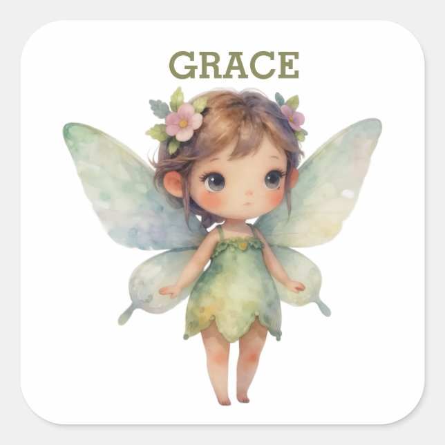 Sticker Carré Enchanted Woodland Fairy: pastel green Sprite (Devant)