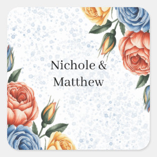 Sticker Carré Encre Alcool Aquarelle Roses Bleu Orange Mariage