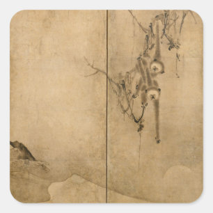 Sticker Carré Encre japonaise sur papier Gibbons Primates & Pays