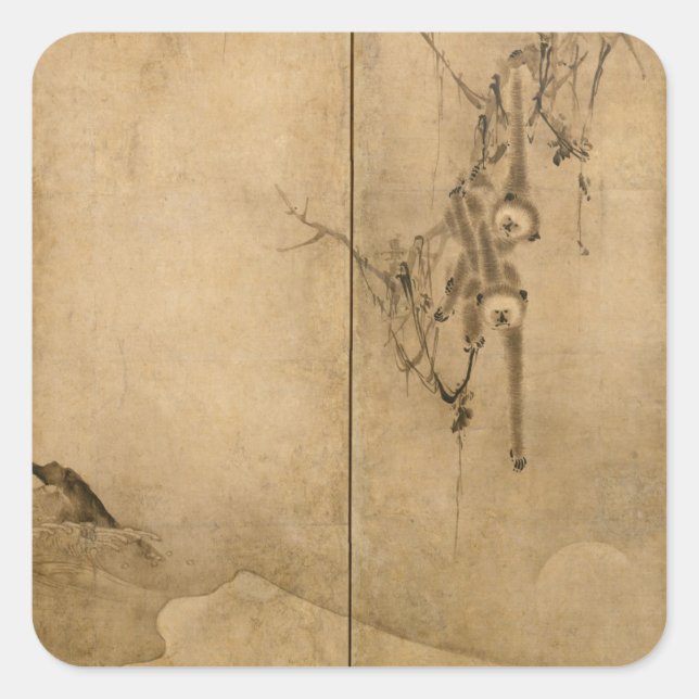 Sticker Carré Encre japonaise sur papier Gibbons Primates & Pays (Devant)