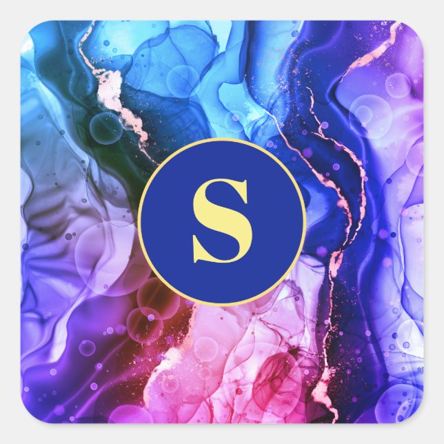 Sticker Carré Encre Liquide Bleue, Violette et Rouge-Violet, Mon (Devant)