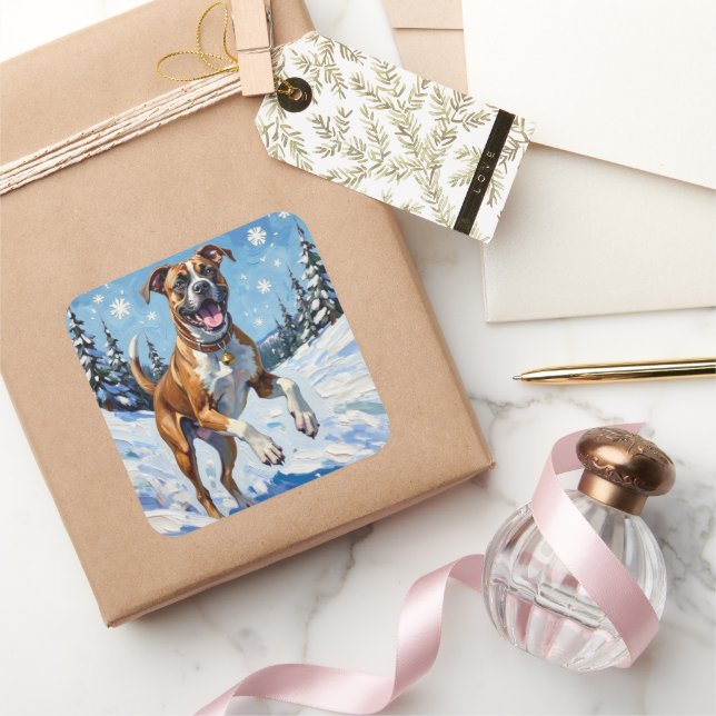 Sticker Carré Energetic Boxer Dog Leaping in Winter Snow Fun (Cadeaux)