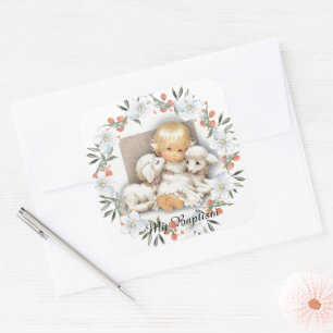 Sticker Carré Enfant avec agneau - Batism Invitation