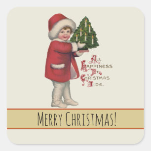 Sticker Carré Enfant avec illustration vintage d'arbre de Noël