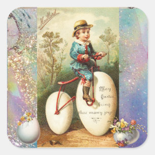 STICKER CARRÉ ENFANT AVEC UN VÉLO D'ŒUF DE PÂQUES ET DES FLEURS 