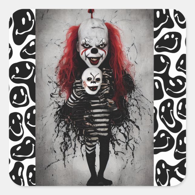Sticker Carré Enfant Clown Mal Tenant Une Tête Clown Effrayant (Devant)