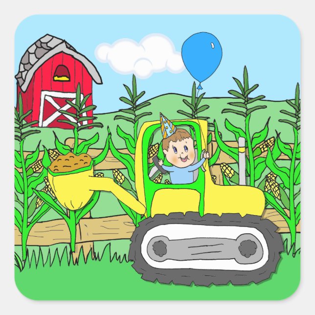 Sticker Carré Enfant d'anniversaire avec ballon dans le tracteur (Devant)