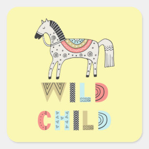 Sticker Carré Enfant sauvage Cheval Scandinave Pastel Jaune
