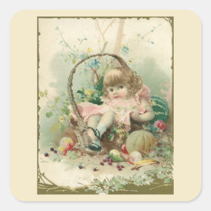 Sticker Carré Enfant victorienne vintage, fille panier de fruits