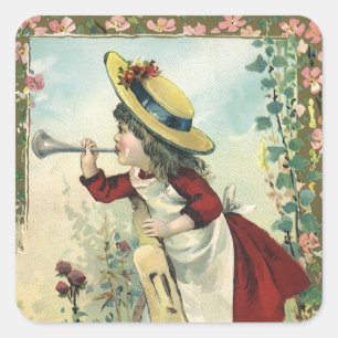 Sticker Carré Enfant victorienne vintage, fille soufflant dans u