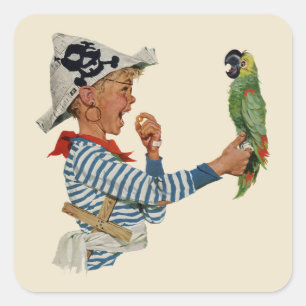 Sticker Carré Enfant Vintage, Garçon Jouant avec un Perroquet Pi
