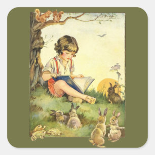 Sticker Carré Enfant Vintage Lisant à des Lapins de la Forêt