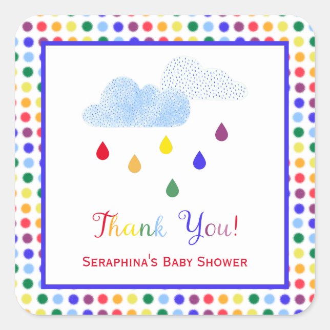 Sticker Carré Enfants Arc-en-ciel Pois Baby shower Merci (Devant)