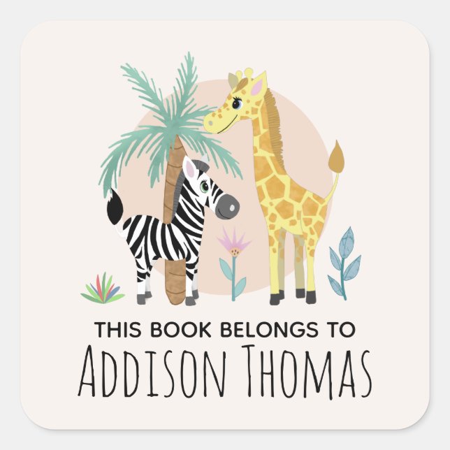 Sticker Carré Enfants Ce Livre Appartient Safari Animal Bookplat (Devant)