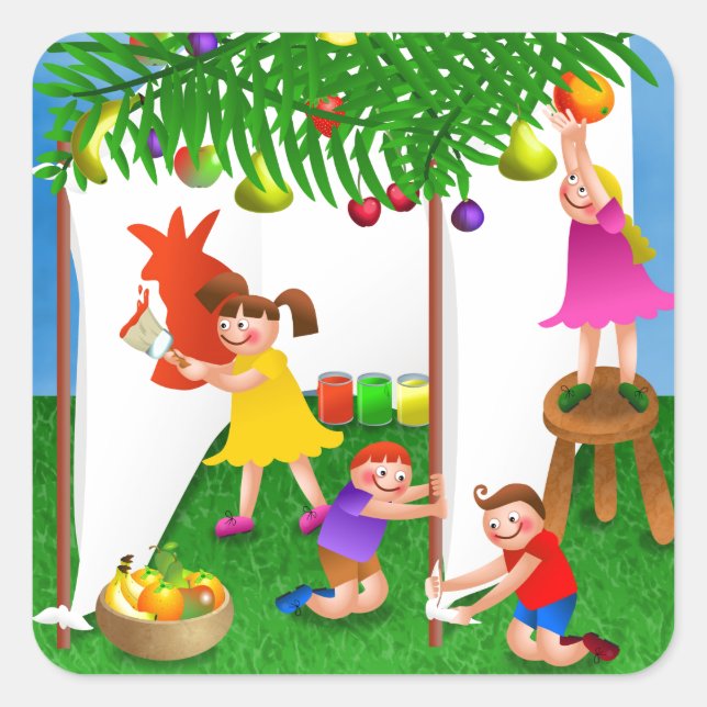 Sticker Carré Enfants célébrant la fête juive de Sukkot (Devant)