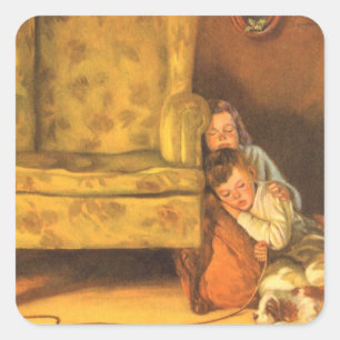 Sticker Carré Enfants de Noël Vintage en attente du Père Noël