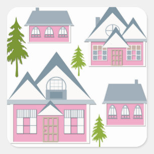 Sticker Carré Enfants dessin animé village maisons arbres rose a