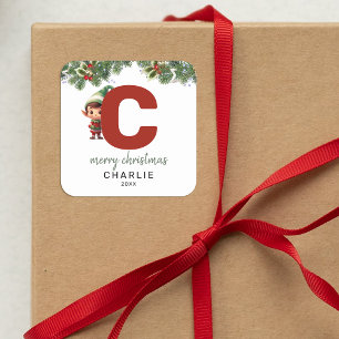 Sticker Carré Enfants Elf Inital C Noël